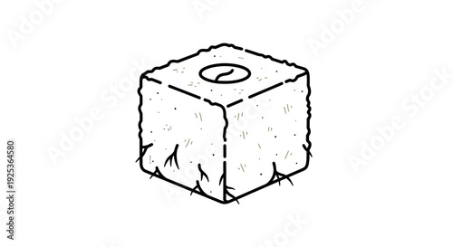 Hand drawn illustration of a cube shaped seedling starter plug with roots growing out.