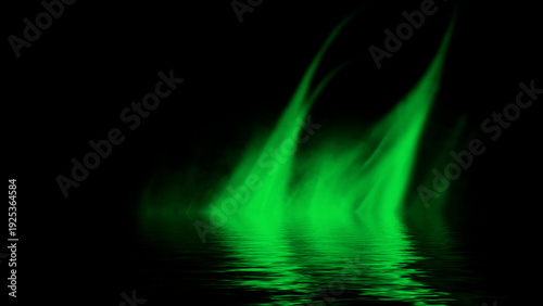 Blaze green fire flame texture overlays on isolated background with water reflection.