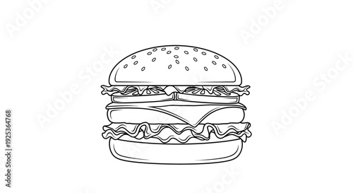 Hand-drawn sketch of a delicious double cheeseburger with lettuce and sesame seeds on a white background.