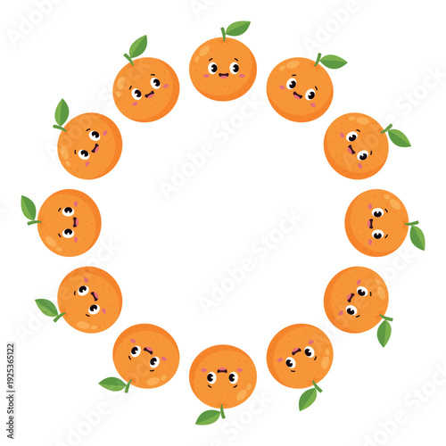 Orange fruit round frame border with kawaii faces cute cartoon vector illustration