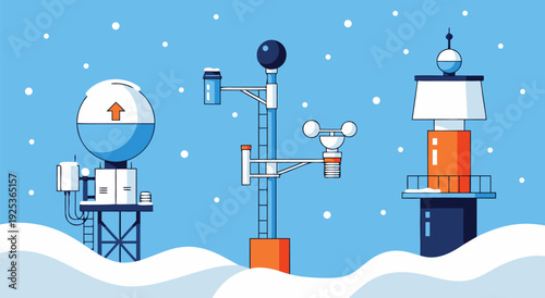 Weather station vector illustration depicting meteorological equipment in a winter scene, high quality and scalable