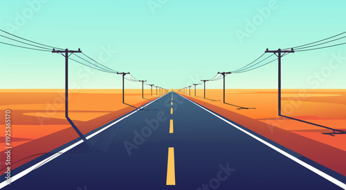 A straight road stretching towards the horizon with utility poles on either side, a vector illustration in a minimalist style