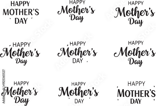 Mother's Day greeting card design elements with Happy Mother's Day text in various fonts on white background