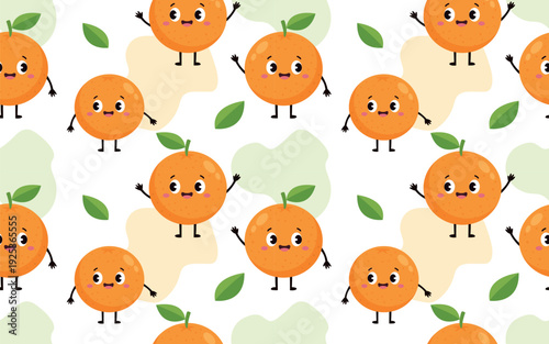 Seamless pattern with cute orange fruit characters leaves and abstract shapes