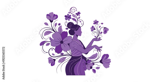 Purple silhouette of a woman surrounded by floral designs and swirling lines on a white background.