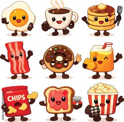 A vibrant and cheerful collection of anthropomorphic breakfast and snack foods, each with a unique kawaii-inspired design and expressive face.