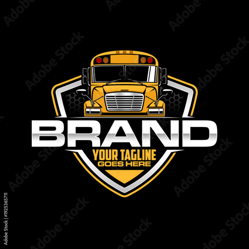 American School Bus Logo Design, Yellow Transportation Vehicle Vector Illustration for Education Branding