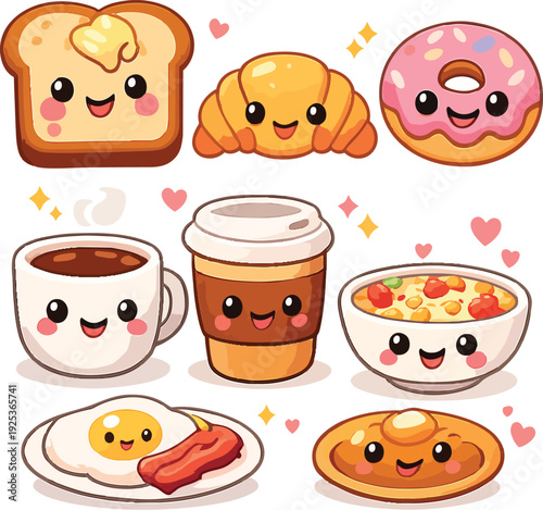 Kawaii-style cartoon illustration of a variety of cute breakfast foods with smiling faces.