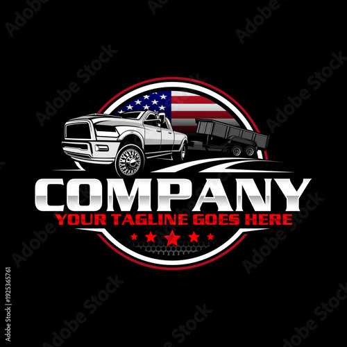American Pickup Truck with Dump Trailer Logo Design, Heavy Duty Hauling Transport Vector Illustration