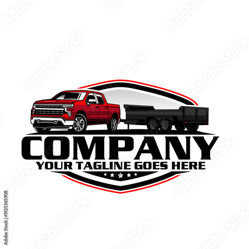 American Pickup Truck with Dump Trailer Logo Design, Heavy Duty Hauling Transport Vector Illustration