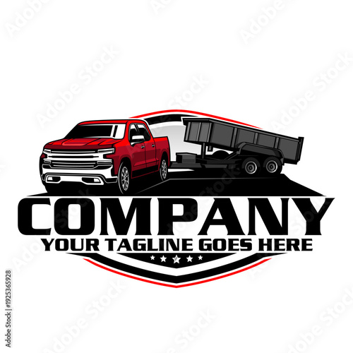 American Pickup Truck with Dump Trailer Logo Design, Heavy Duty Hauling Transport Vector Illustration