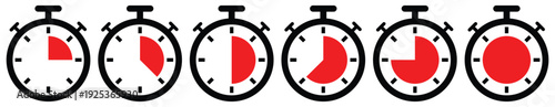Minimalist Stopwatch Timer Vector Set Featuring Circular Countdown Clocks with Red Progress Indicators and Various Time Intervals on Transparent Background