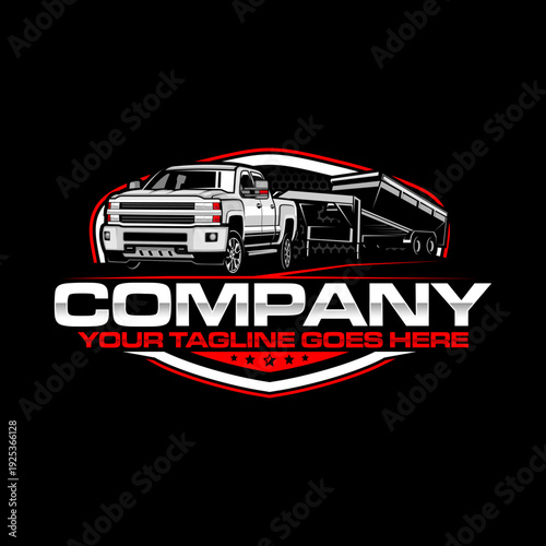 American Pickup Truck with Dump Trailer Logo Design, Heavy Duty Hauling Transport Vector Illustration