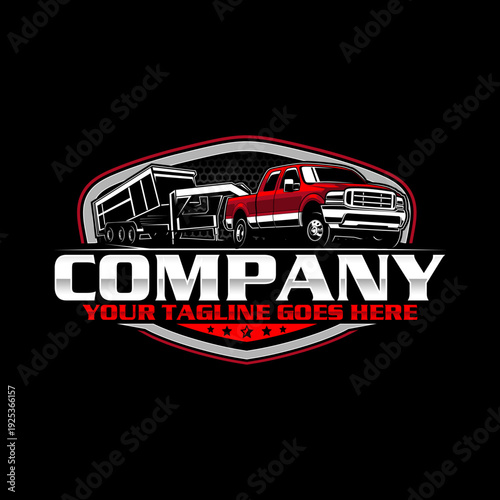 American Pickup Truck with Dump Trailer Logo Design, Heavy Duty Hauling Transport Vector Illustration