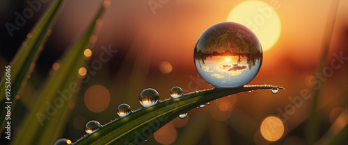 Panel kuchenny z motywem Drop of dew reflecting sunset on green grass blade  