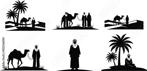 Arabian desert silhouette collection with bedouin men, camels, palm trees, and sand dunes, isolated vector illustration for middle eastern travel design