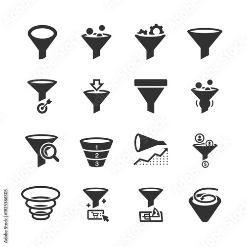 Funnel and filtering process symbols, monochrome icons set. Sales funnel stages, data filtering, conversion process, marketing pipeline, lead, customer journey. Black and white symbols style