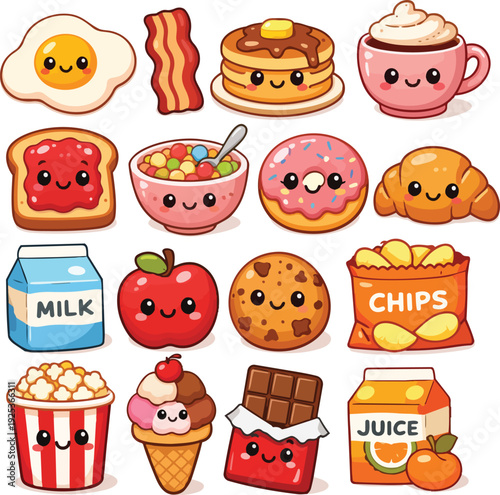 A vibrant and cheerful collection of kawaii-style breakfast and snack foods, featuring cute anthropomorphic illustrations of a fried egg, bacon, pancakes, coffee, toast, cereal, donut, croissant, milk