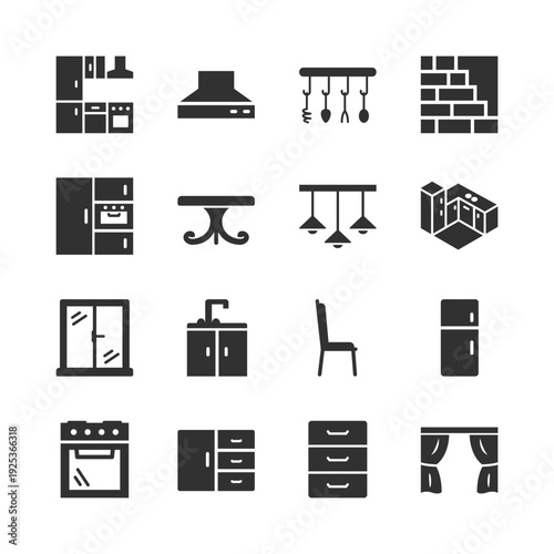 Kitchen interior furniture and appliances, monochrome icons set. Modern kitchen design, stove and oven, sink and faucet, dining furniture, lighting and storage. Black and white symbols style