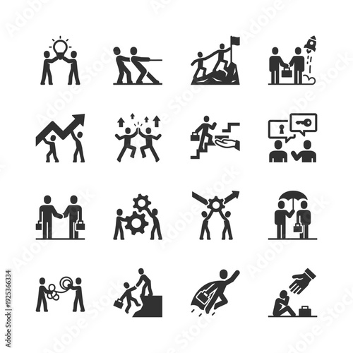 Business cooperation and partnership, monochrome icons set. Teamwork collaboration, mutual support, strategic alliance, leadership and mentoring, organizational development. Black and white symbols