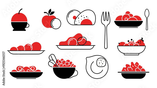 Stylish minimalist red and black food icons, including fresh fruits, prepared meals, and essential kitchen tools like a whisk, perfect for modern culinary branding