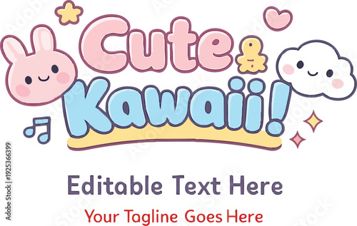 Cute Kawaii cartoon logo with a bunny, cloud, stars, and musical notes, featuring editable text for a tagline.