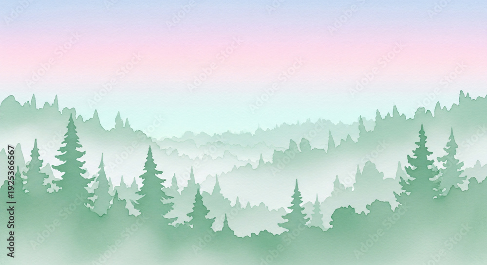 Fototapeta premium Misty evergreen forest at dawn with pastel sky and layered depth