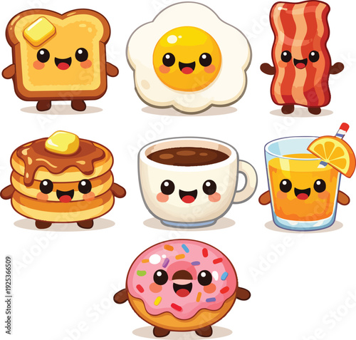 A delightful collection of cute, kawaii-style breakfast food characters, including toast, a fried egg, bacon, pancakes, coffee, orange juice, and a donut, all with smiling faces and arms and legs.