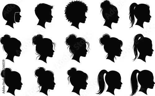 Diverse female hair silhouette collection featuring ponytails messy buns bob cuts and curly styles for beauty salon branding and fashion design