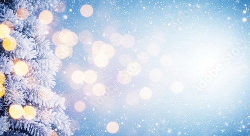 Snowy Pine Branch with Bokeh Lights and Falling Snow