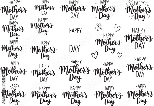 Mother's Day greeting card design elements with Happy Mother's Day text and heart shapes on white background