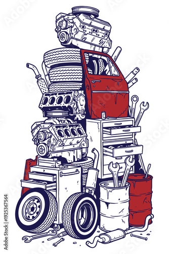 Vintage Automotive Scrap Pile Illustration
