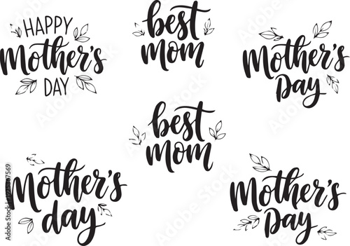 Mother's Day typographic illustrations with leaf designs on white background
