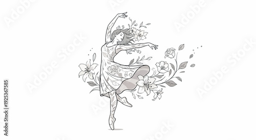 Illustration of a woman dancing with flowers and leaves in a whimsical, monochromatic style on a white background.