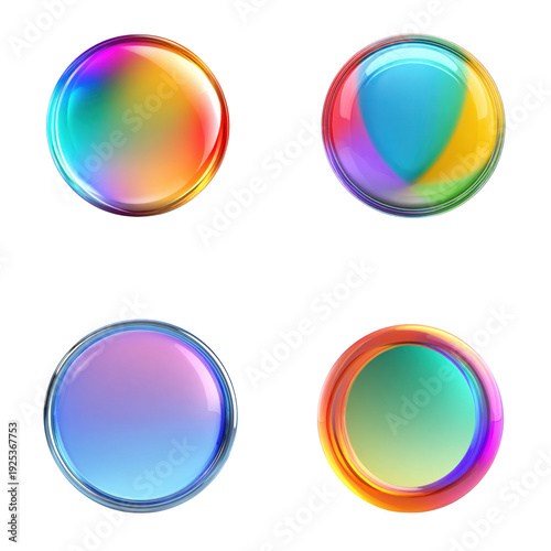 Four vibrant glossy multicolored circles with iridescent gradients of blue pink yellow and green arranged in modern design Isolated on a transparent background.