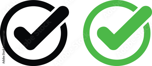 Two check marks in circles, one black and one green, indicating completion and success.
