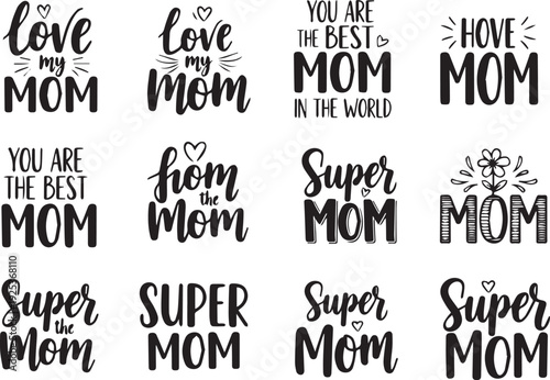 Mother's Day typographic phrases with hearts and flowers on white background