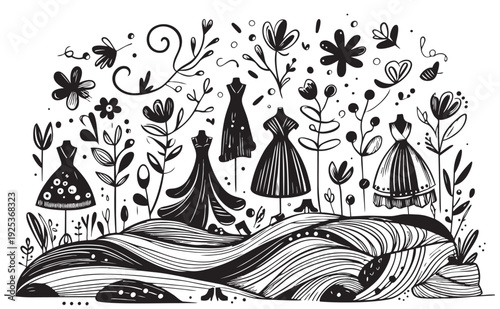 black cartoon abstract primitive flat doodles sketch spring fashion landscape