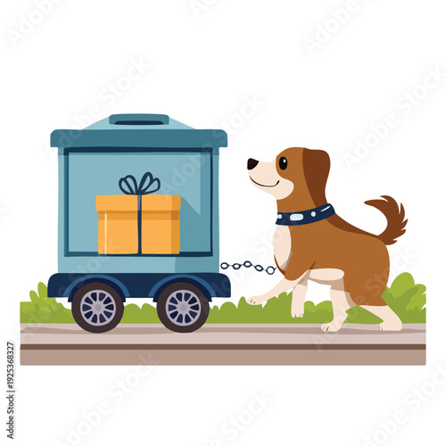 Dog pulling a gift filled cart outdoors