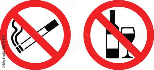 Prohibition signs indicating no smoking and no alcohol consumption.