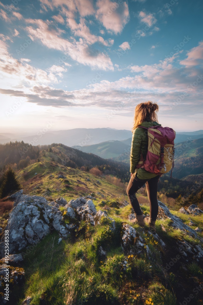 Obraz premium Woman hiking enjoying mountain view at sunset