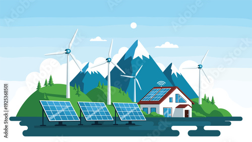 Sustainable energy system featuring wind turbines and solar panels in scenic mountain environment with residential house.