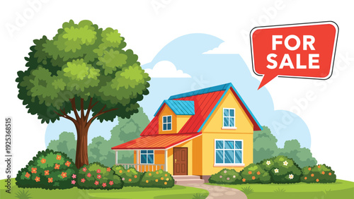 Beautiful yellow suburban house for sale featuring red roof and large green trees in well-maintained garden landscape.