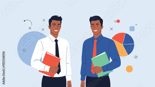 Two successful businessmen in formal shirts holding folders and smiling in front of financial pie chart data visualization.