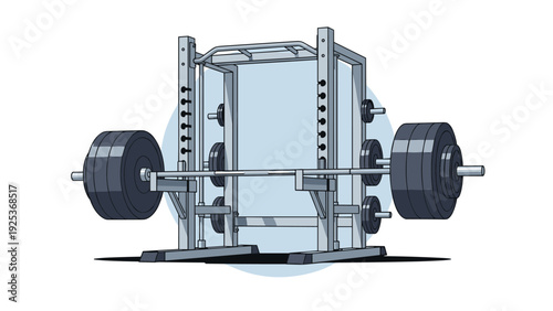 Professional weightlifting power rack with loaded barbell and weight plates for strength training and bodybuilding workout.