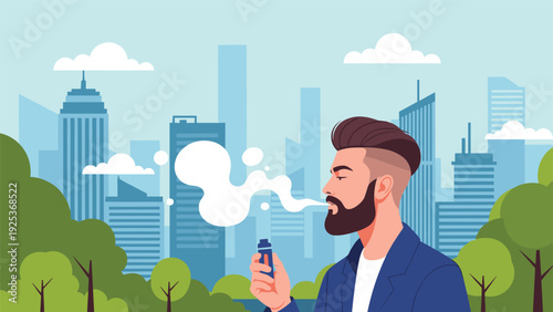 Young man with beard and modern hairstyle vaping in urban park with cityscape and green trees in background illustration.