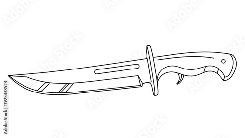 Detailed black and white line art illustration of a tactical combat knife with a serrated blade and ergonomic handle for military use.