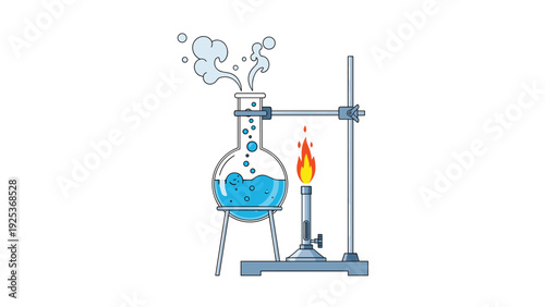 Laboratory glassware with boiling blue liquid and steam on metal stand heated by bunsen burner during scientific experiment.