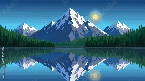 Breathtaking snow-covered mountain peaks reflected in crystal clear alpine lake during tranquil sunrise in forest landscape.