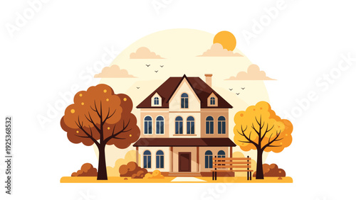 Elegant two-story mansion surrounded by trees in autumn colors under warm sunlight in quiet residential neighborhood area.